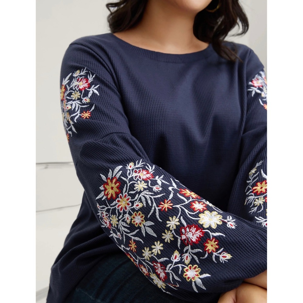 BloomChic US 28 Indigo Blue Waffle Knit Embroidered Balloon Sleeve Tunic Top
